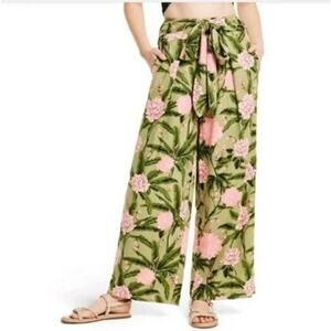 Agua Bendita X Target Wide Leg Pants Peony Floral Tie Waist Linen Green Pink XXL
